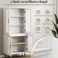 Hoch Küchenschrank mit 4 Transparenten Türen & Verstellbares Regal Küchenregal Buffetschrank Weiß