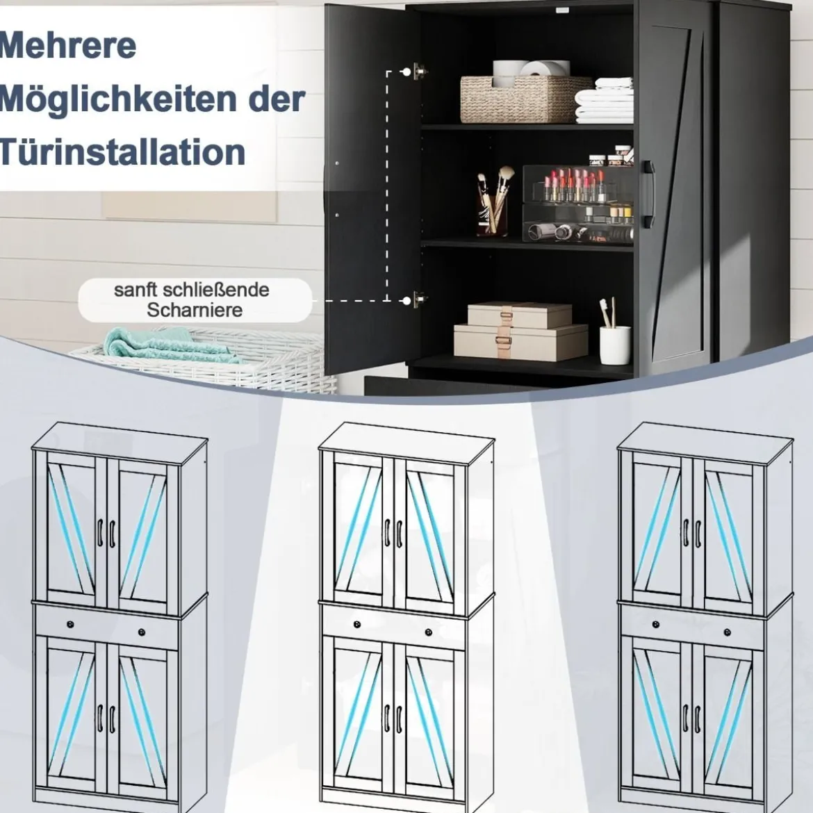 Hoch Küchenschrank mit 4 Türen & Schublade & 3 Verstellbaren Regalen Vorratsschrank Schwarz