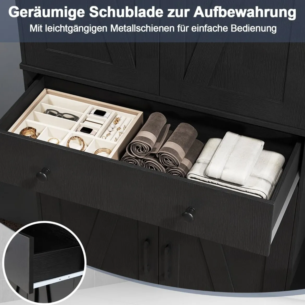 Hoch Küchenschrank mit 4 Türen & Schublade & 3 Verstellbaren Regalen Vorratsschrank Schwarz