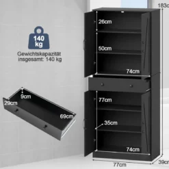Hoch Küchenschrank mit 4 Türen & Schublade & 3 Verstellbaren Regalen Vorratsschrank Schwarz