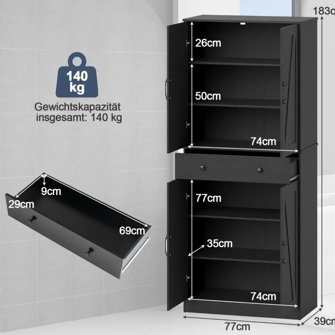 Hoch Küchenschrank mit 4 Türen & Schublade & 3 Verstellbaren Regalen Vorratsschrank Schwarz