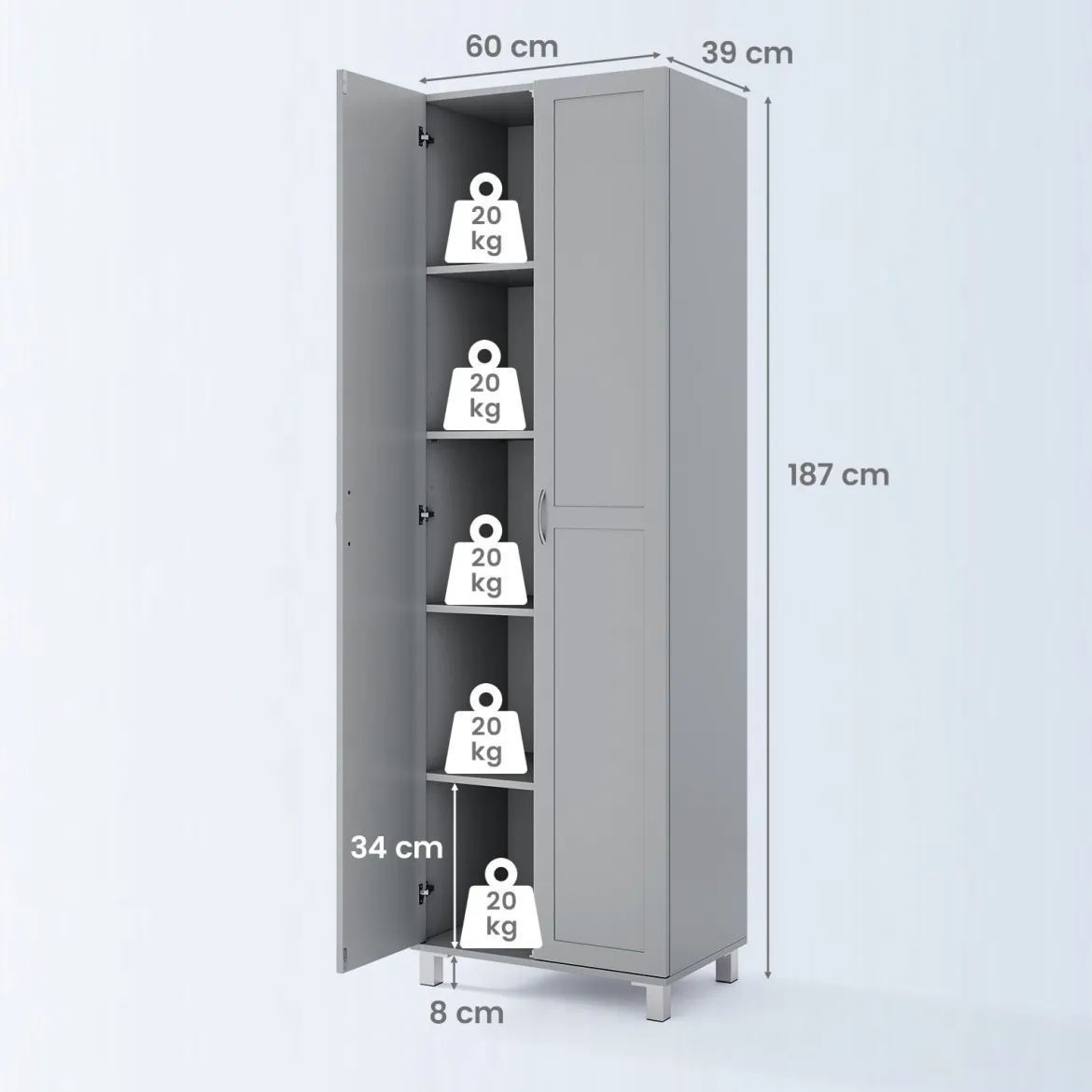 Hoch Küchenschrank mit 2 Türen & Verstellbarem Regal Modern Vorratsschrank Buffetschrank Grau