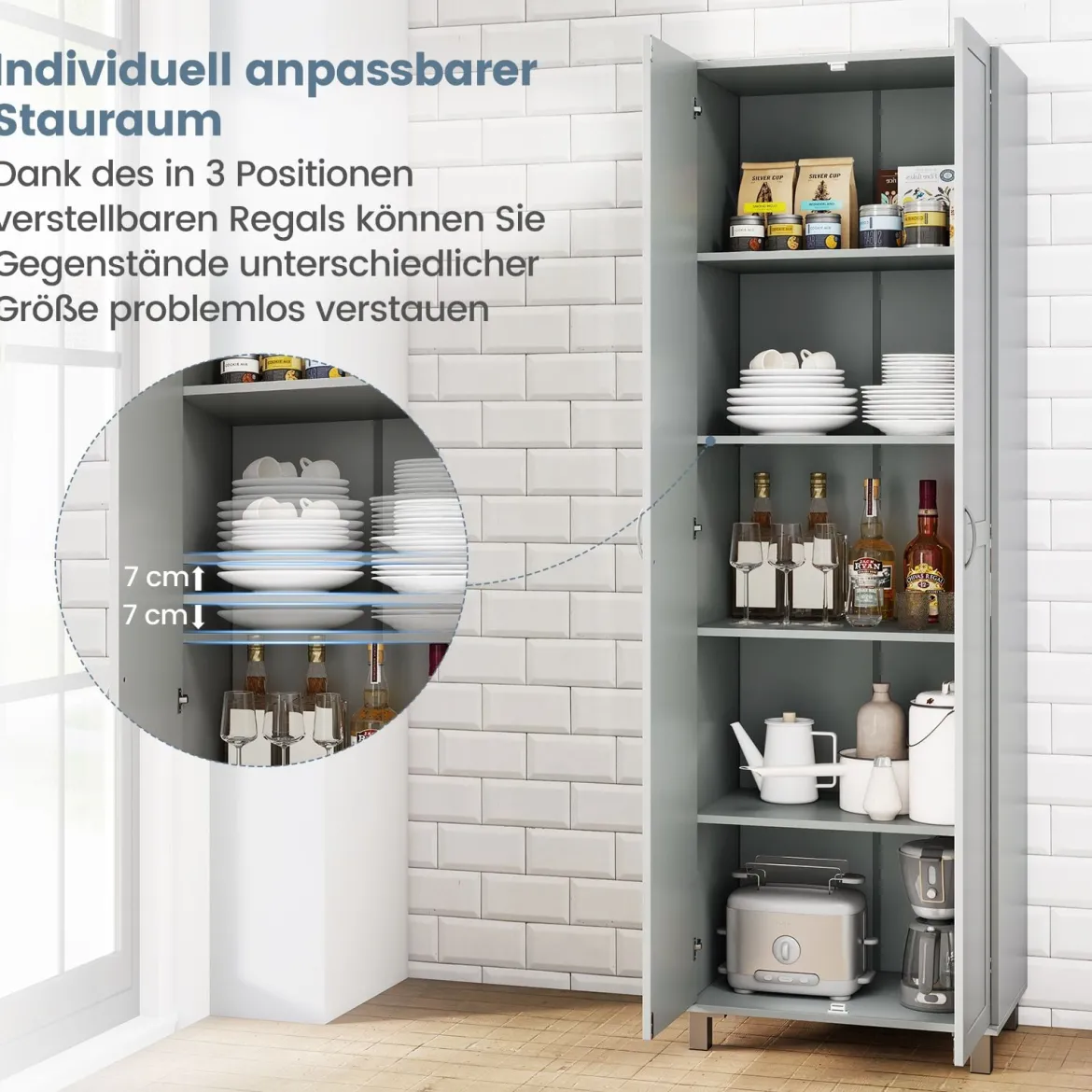 Hoch Küchenschrank mit 2 Türen & Verstellbarem Regal Modern Vorratsschrank Buffetschrank Grau