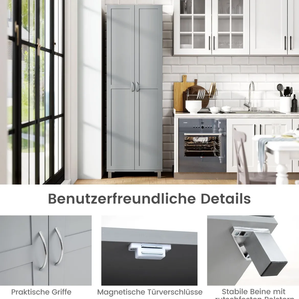 Hoch Küchenschrank mit 2 Türen & Verstellbarem Regal Modern Vorratsschrank Buffetschrank Grau