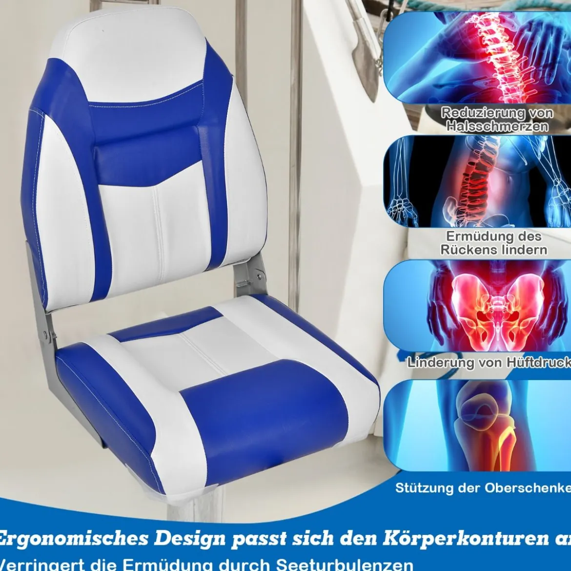 Hochlehner Bootssitz mit 10 cm Dicker Schwammpolsterung Klappbarer Bootsstuhl Blau Weiß