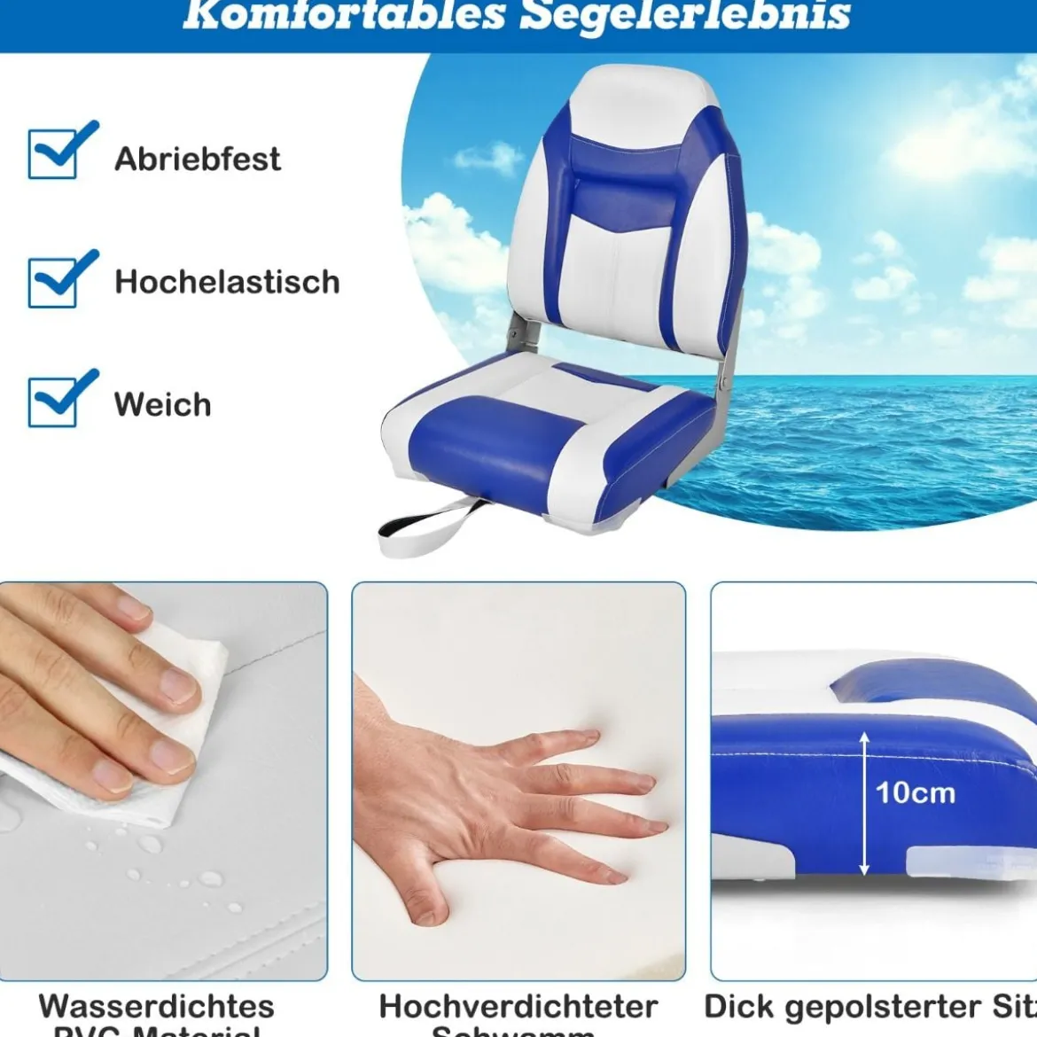 Hochlehner Bootssitz mit 10 cm Dicker Schwammpolsterung Klappbarer Bootsstuhl Blau Weiß