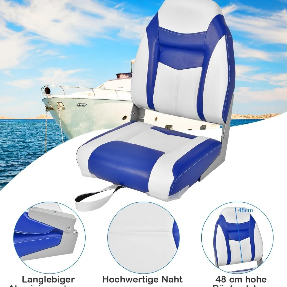 Hochlehner Bootssitz mit 10 cm Dicker Schwammpolsterung Klappbarer Bootsstuhl Blau Weiß