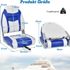 Hochlehner Bootssitz mit 10 cm Dicker Schwammpolsterung Klappbarer Bootsstuhl Blau Weiß