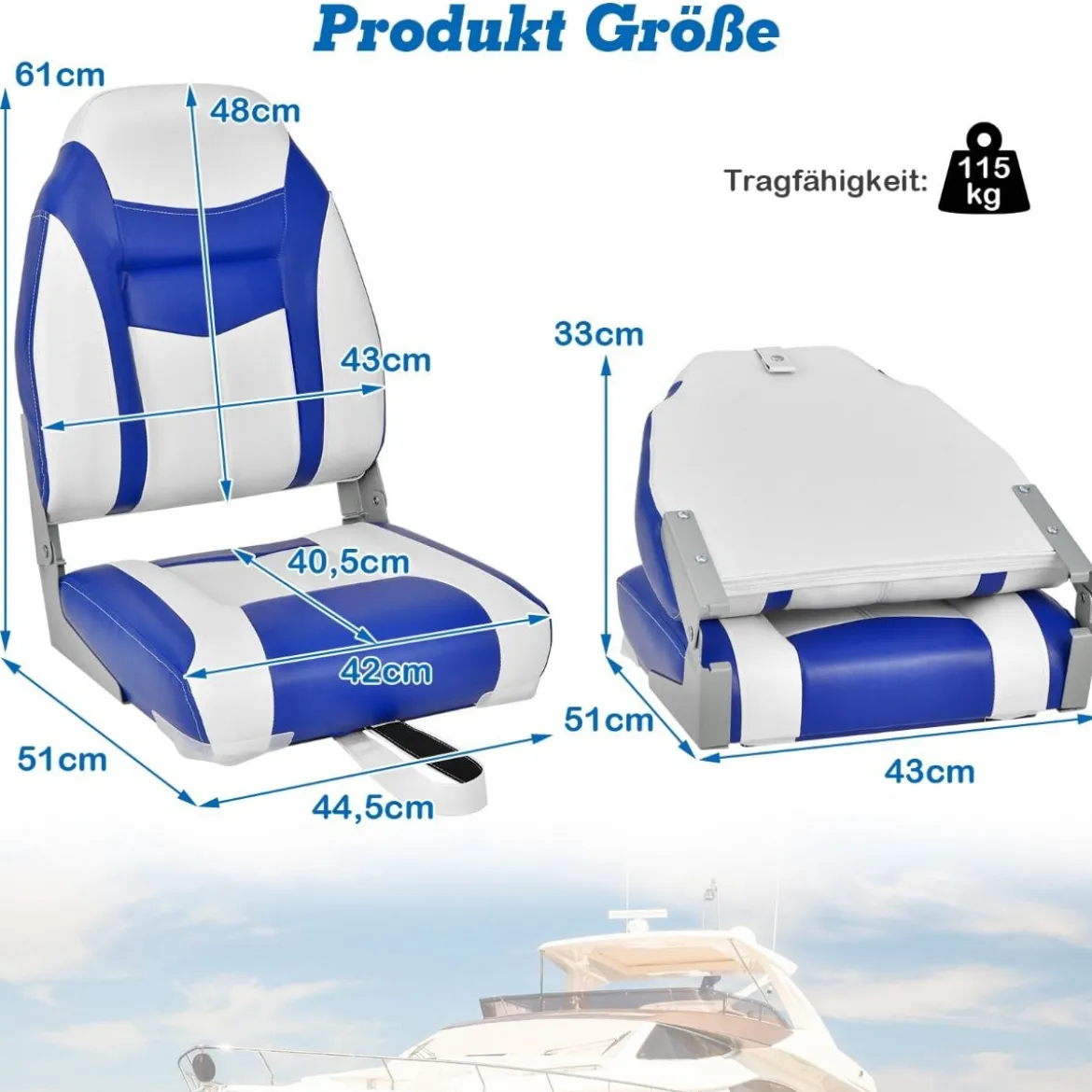Hochlehner Bootssitz mit 10 cm Dicker Schwammpolsterung Klappbarer Bootsstuhl Blau Weiß