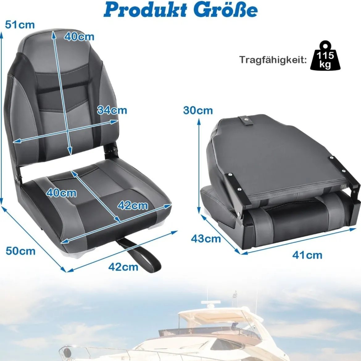 Hochlehner Bootssitz mit 10 cm Dicker Schwammpolsterung Klappbarer Bootsstuhl Schwarz