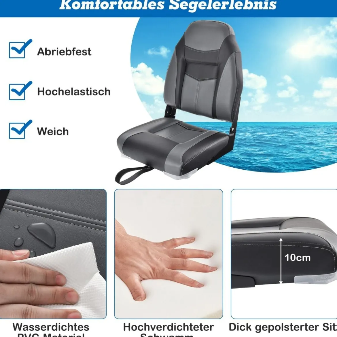 Hochlehner Bootssitz mit 10 cm Dicker Schwammpolsterung Klappbarer Bootsstuhl Schwarz