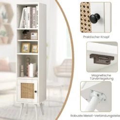 Hochschrank aus natürlichem Rattan freistehendes schmales Ablageregal mit Rattantür Weiß