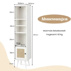 Hochschrank aus natürlichem Rattan freistehendes schmales Ablageregal mit Rattantür Weiß