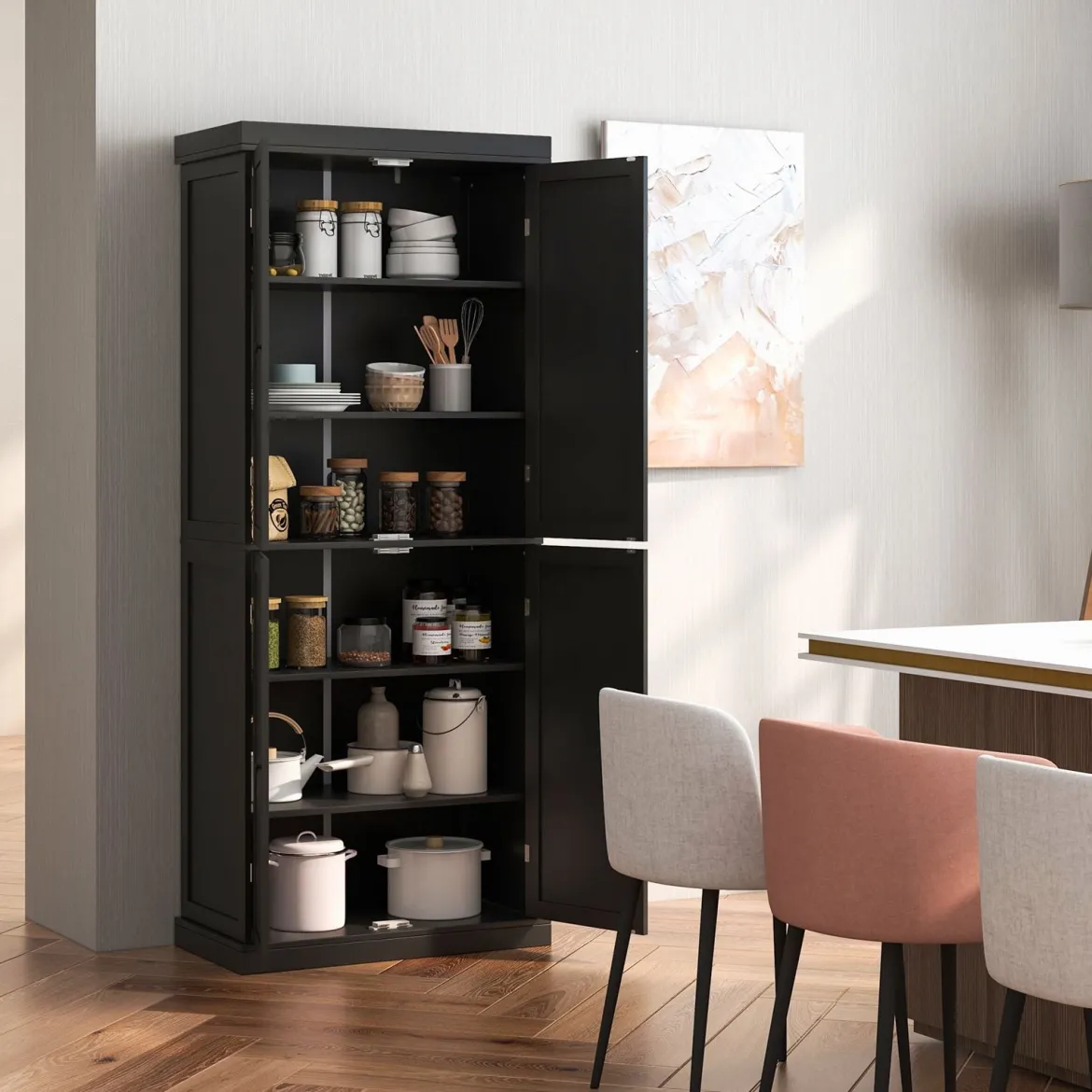 Hochschrank Badezimmerschrank Vorratsschrank mit 4 Türen & 6 Fächern Küchenschrank 76 x 40 x 184,5 cm Schwarz
