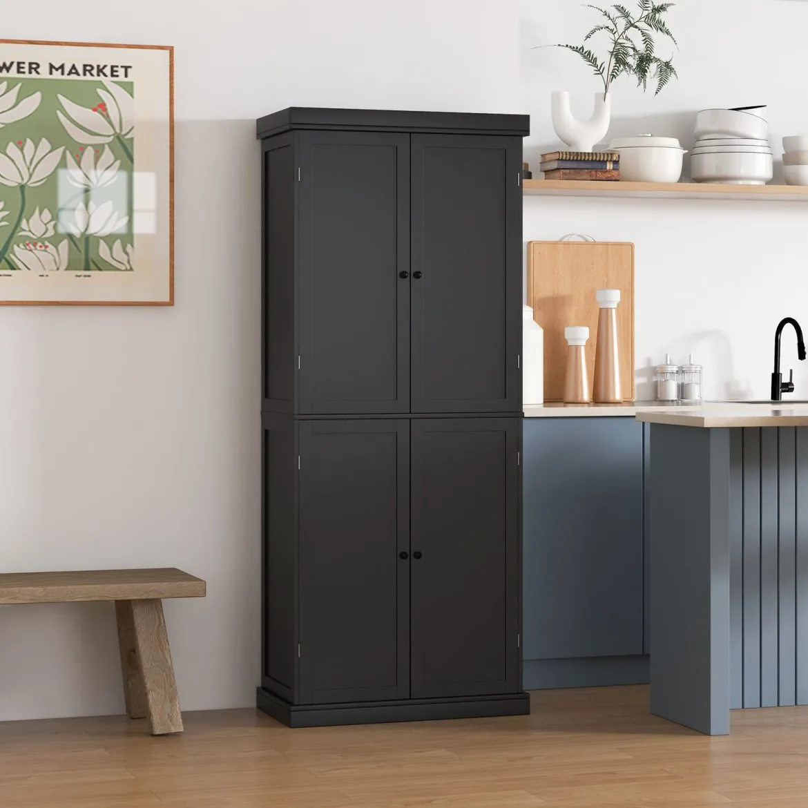 Hochschrank Badezimmerschrank Vorratsschrank mit 4 Türen & 6 Fächern Küchenschrank 76 x 40 x 184,5 cm Schwarz