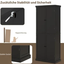 Hochschrank Badezimmerschrank Vorratsschrank mit 4 Türen & 6 Fächern Küchenschrank 76 x 40 x 184,5 cm Schwarz