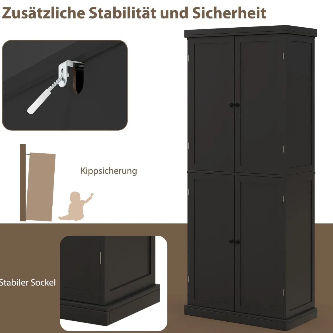 Hochschrank Badezimmerschrank Vorratsschrank mit 4 Türen & 6 Fächern Küchenschrank 76 x 40 x 184,5 cm Schwarz