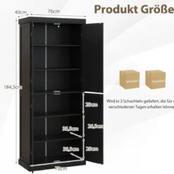 Hochschrank Badezimmerschrank Vorratsschrank mit 4 Türen & 6 Fächern Küchenschrank 76 x 40 x 184,5 cm Schwarz
