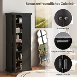 Hochschrank Badezimmerschrank Vorratsschrank mit 4 Türen & 6 Fächern Küchenschrank 76 x 40 x 184,5 cm Schwarz
