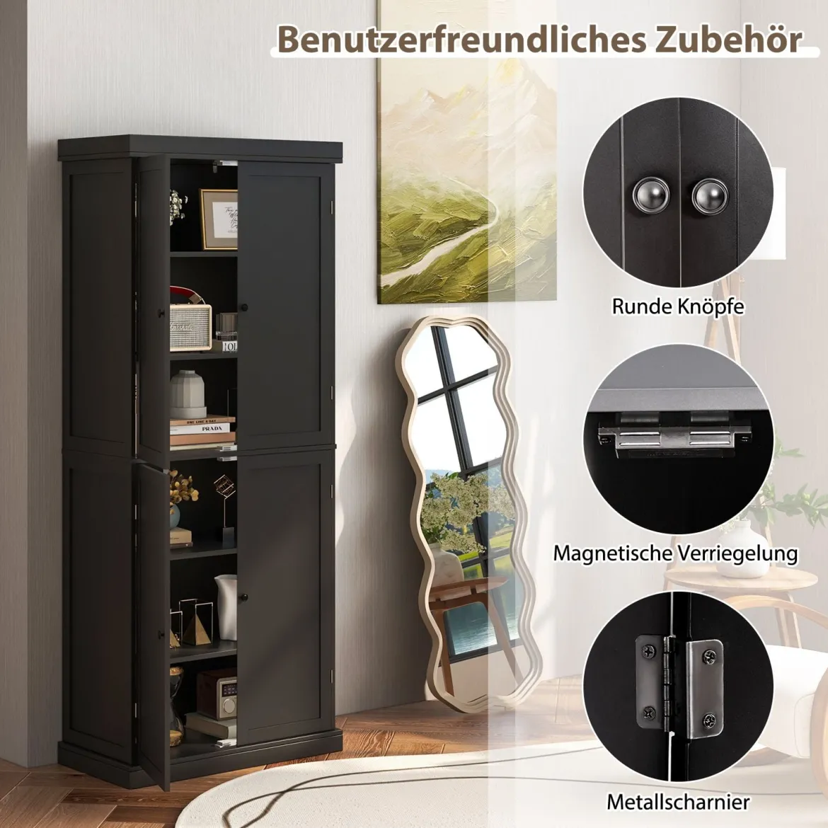 Hochschrank Badezimmerschrank Vorratsschrank mit 4 Türen & 6 Fächern Küchenschrank 76 x 40 x 184,5 cm Schwarz