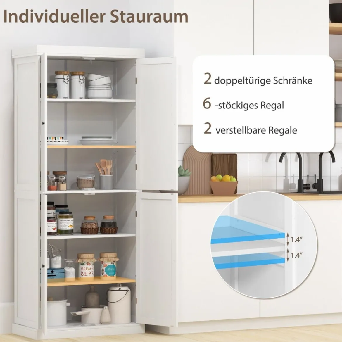 Hochschrank mit 4 Türen & 6 Fächern & 2 Verstellbaren Regalböden Badezimmerschrank Weiß