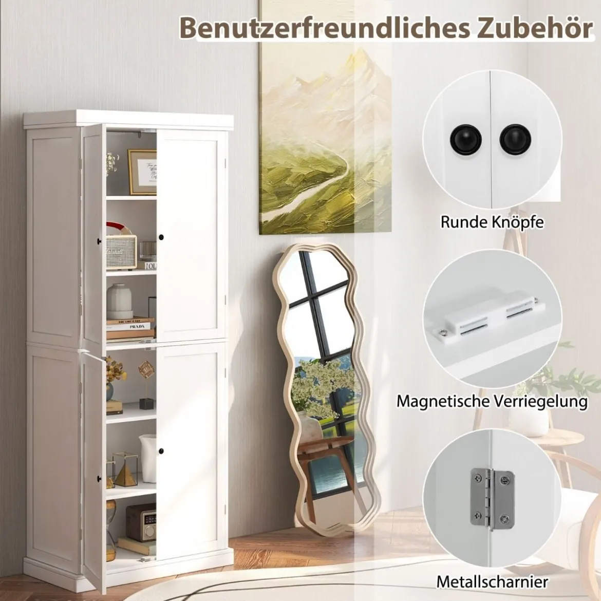 Hochschrank mit 4 Türen & 6 Fächern & 2 Verstellbaren Regalböden Badezimmerschrank Weiß
