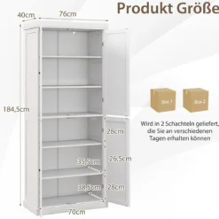 Hochschrank mit 4 Türen & 6 Fächern & 2 Verstellbaren Regalböden Badezimmerschrank Weiß