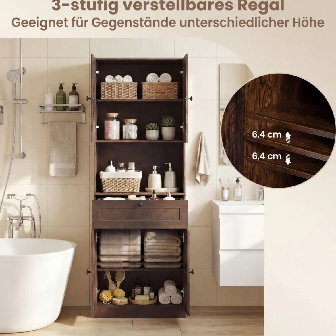 Hochschrank mit 4 Türen & 1 Schublade & Offenes Fach & 3-Fach Verstellbares Regal Dunkelbraun