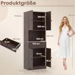 Hochschrank mit 4 Türen & 1 Schublade & Offenes Fach & 3-Fach Verstellbares Regal Dunkelbraun