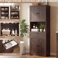 Hochschrank mit 4 Türen & 1 Schublade & Offenes Fach & 3-Fach Verstellbares Regal Dunkelbraun