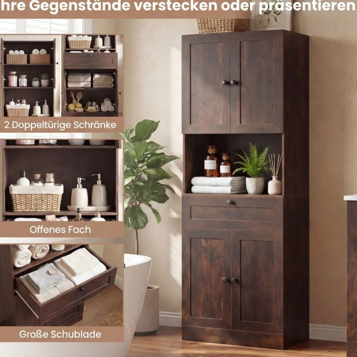 Hochschrank mit 4 Türen & 1 Schublade & Offenes Fach & 3-Fach Verstellbares Regal Dunkelbraun