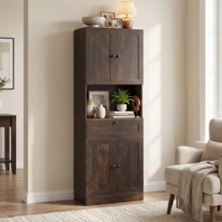 Hochschrank mit 4 Türen & 1 Schublade & Offenes Fach & 3-Fach Verstellbares Regal Dunkelbraun