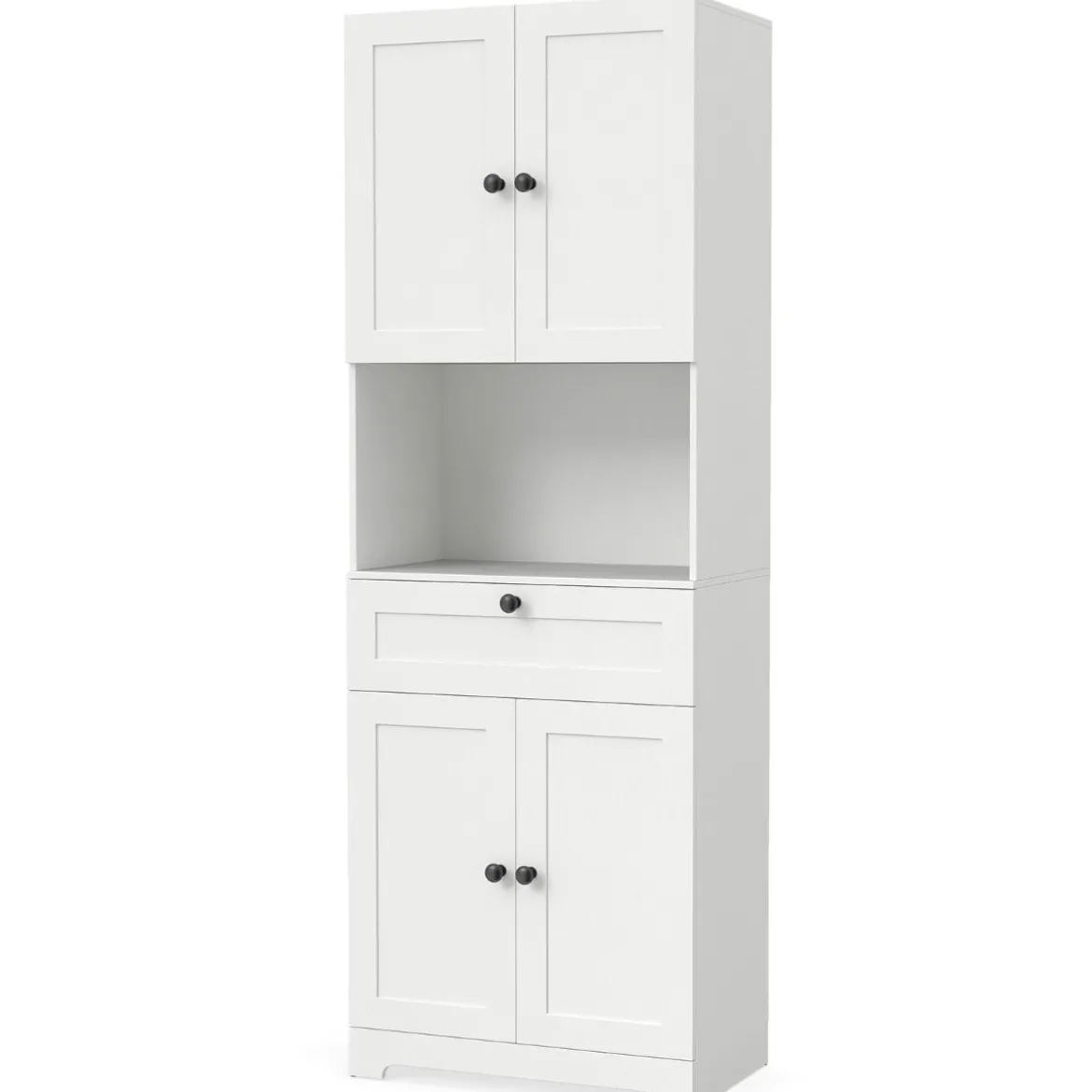 Hochschrank mit 4 Türen & 1 Schublade & Offenes Fach & 3-Fach Verstellbares Regal Weiß