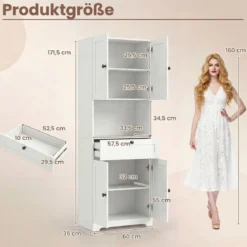 Hochschrank mit 4 Türen & 1 Schublade & Offenes Fach & 3-Fach Verstellbares Regal Weiß