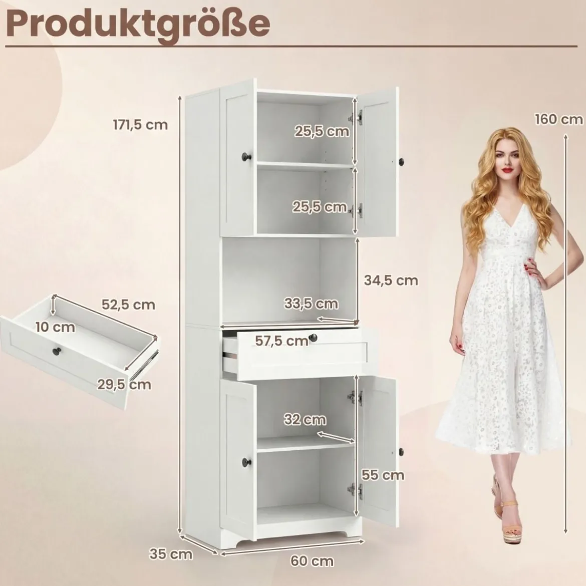 Hochschrank mit 4 Türen & 1 Schublade & Offenes Fach & 3-Fach Verstellbares Regal Weiß