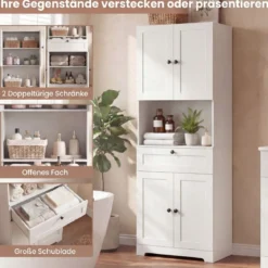 Hochschrank mit 4 Türen & 1 Schublade & Offenes Fach & 3-Fach Verstellbares Regal Weiß