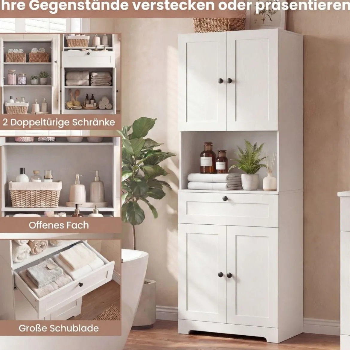 Hochschrank mit 4 Türen & 1 Schublade & Offenes Fach & 3-Fach Verstellbares Regal Weiß