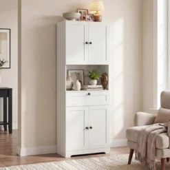 Hochschrank mit 4 Türen & 1 Schublade & Offenes Fach & 3-Fach Verstellbares Regal Weiß
