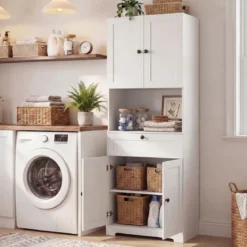 Hochschrank mit 4 Türen & 1 Schublade & Offenes Fach & 3-Fach Verstellbares Regal Weiß