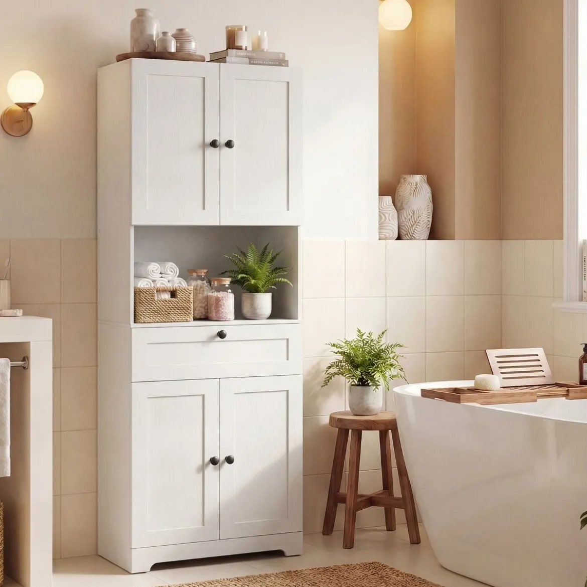 Hochschrank mit 4 Türen & 1 Schublade & Offenes Fach & 3-Fach Verstellbares Regal Weiß