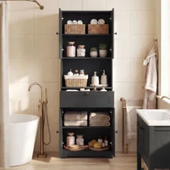 Hochschrank mit 4 Türen & 1 Schublade & Offenes Fach & 3-Fach Verstellbares Regal Schwarz