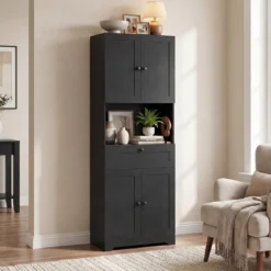 Hochschrank mit 4 Türen & 1 Schublade & Offenes Fach & 3-Fach Verstellbares Regal Schwarz