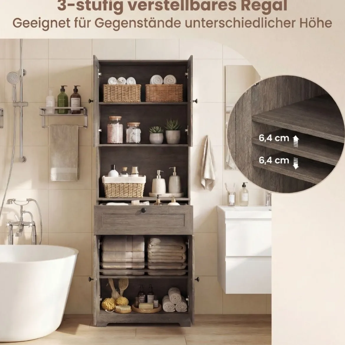 Hochschrank mit 4 Türen & 1 Schublade & Offenes Fach & 3-Fach Verstellbares Regal Grau