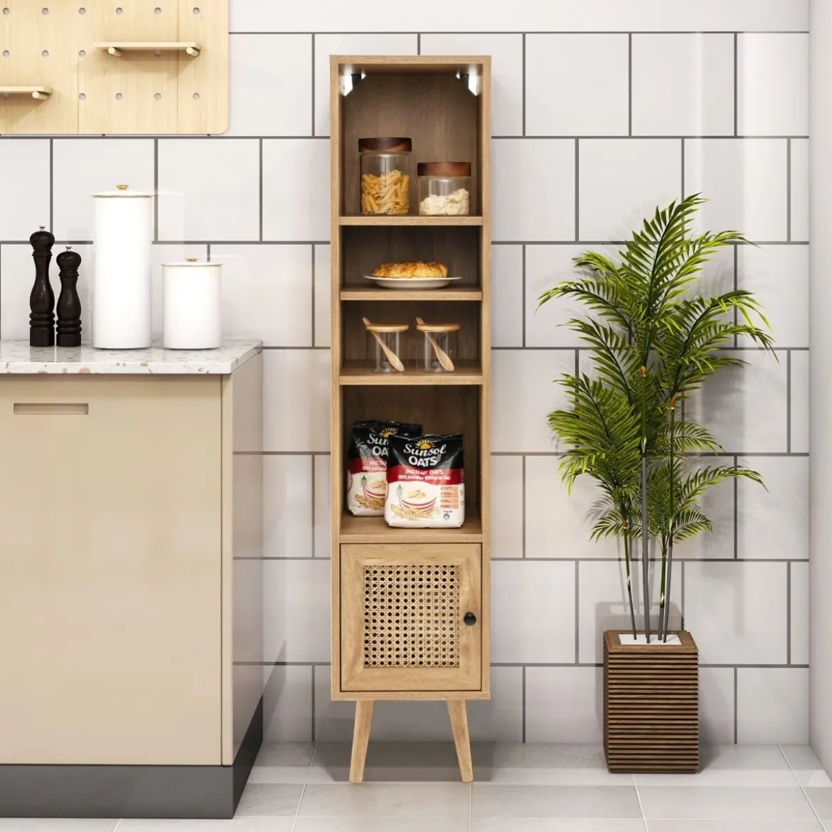 Hochschrank Rattan Bücherregal mit 4 Ablagen und Rattantür Kommode Boho Style