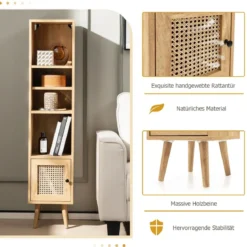 Hochschrank Rattan Bücherregal mit 4 Ablagen und Rattantür Kommode Boho Style