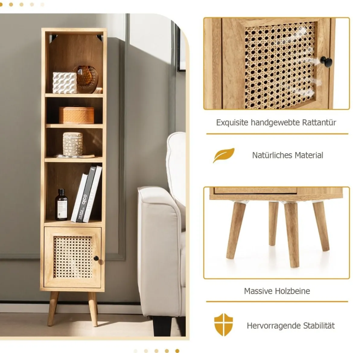 Hochschrank Rattan Bücherregal mit 4 Ablagen und Rattantür Kommode Boho Style