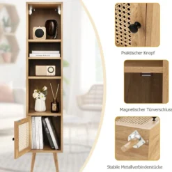 Hochschrank Rattan Bücherregal mit 4 Ablagen und Rattantür Kommode Boho Style