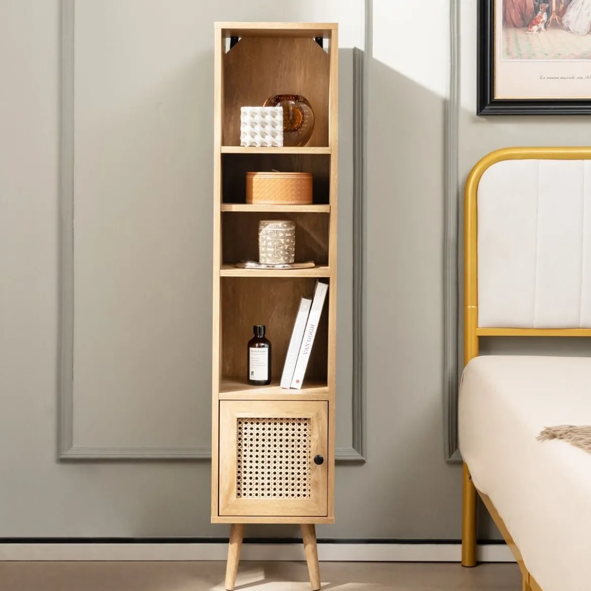 Hochschrank Rattan Bücherregal mit 4 Ablagen und Rattantür Kommode Boho Style