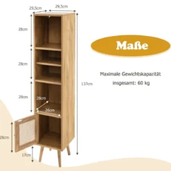 Hochschrank Rattan Bücherregal mit 4 Ablagen und Rattantür Kommode Boho Style