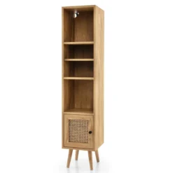 Hochschrank Rattan Bücherregal mit 4 Ablagen und Rattantür Kommode Boho Style